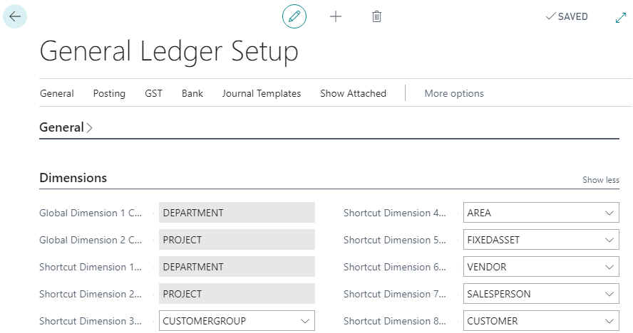 General Ledger Setup - Dimensions